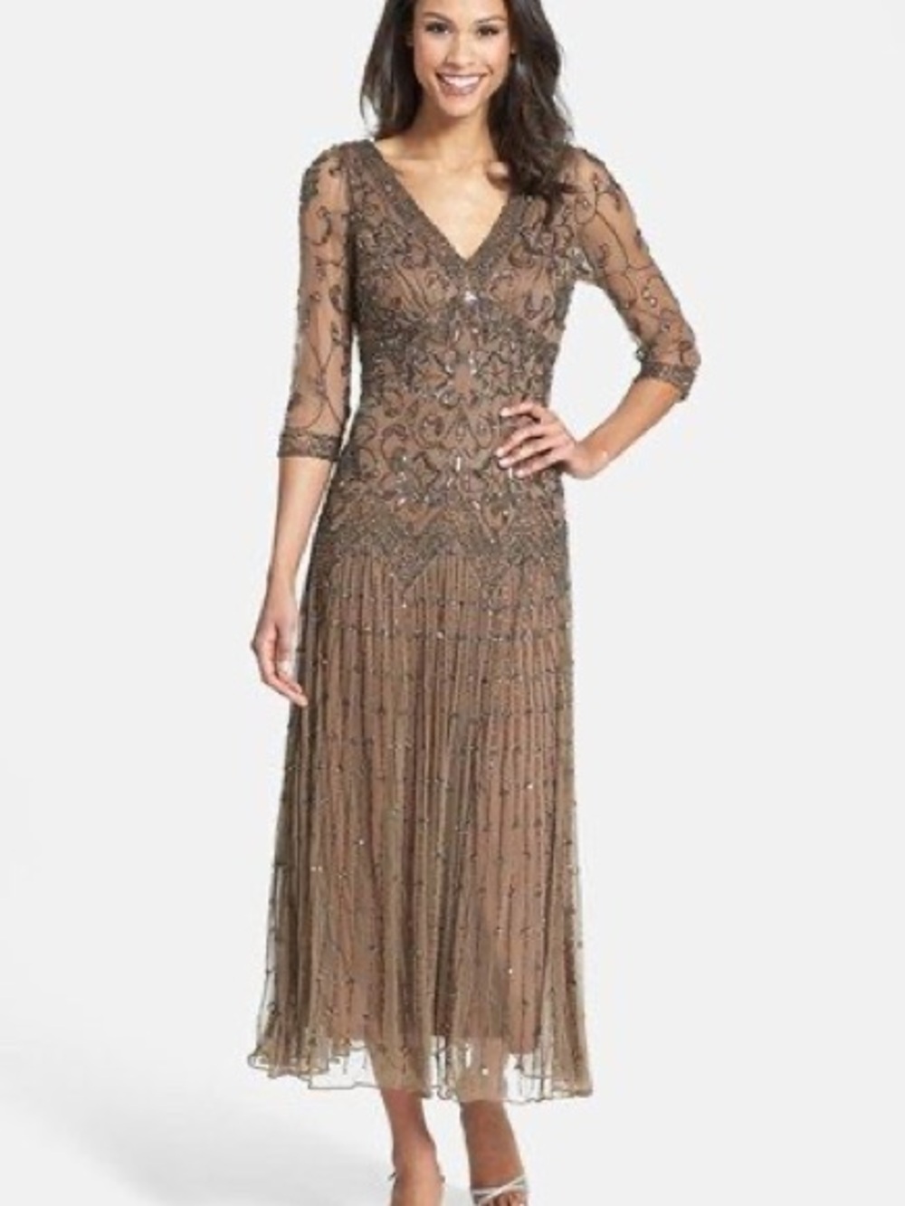 Embellished Deep V Taupe Evening Dress